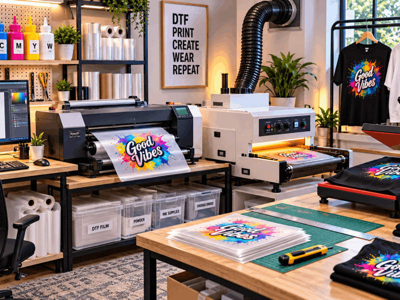 Small DTF printing setup with printer, curing station, heat press, and organised workspace