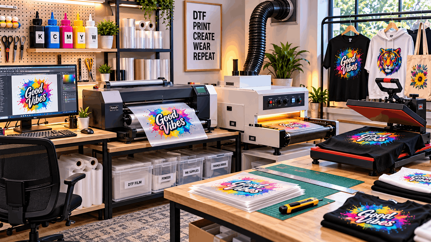 Small DTF printing setup with printer, curing station, heat press, and organised workspace
