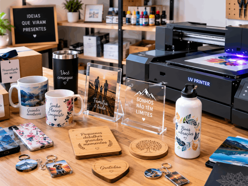 mpressão UV para presentes personalizados em diferentes materiais e produtos