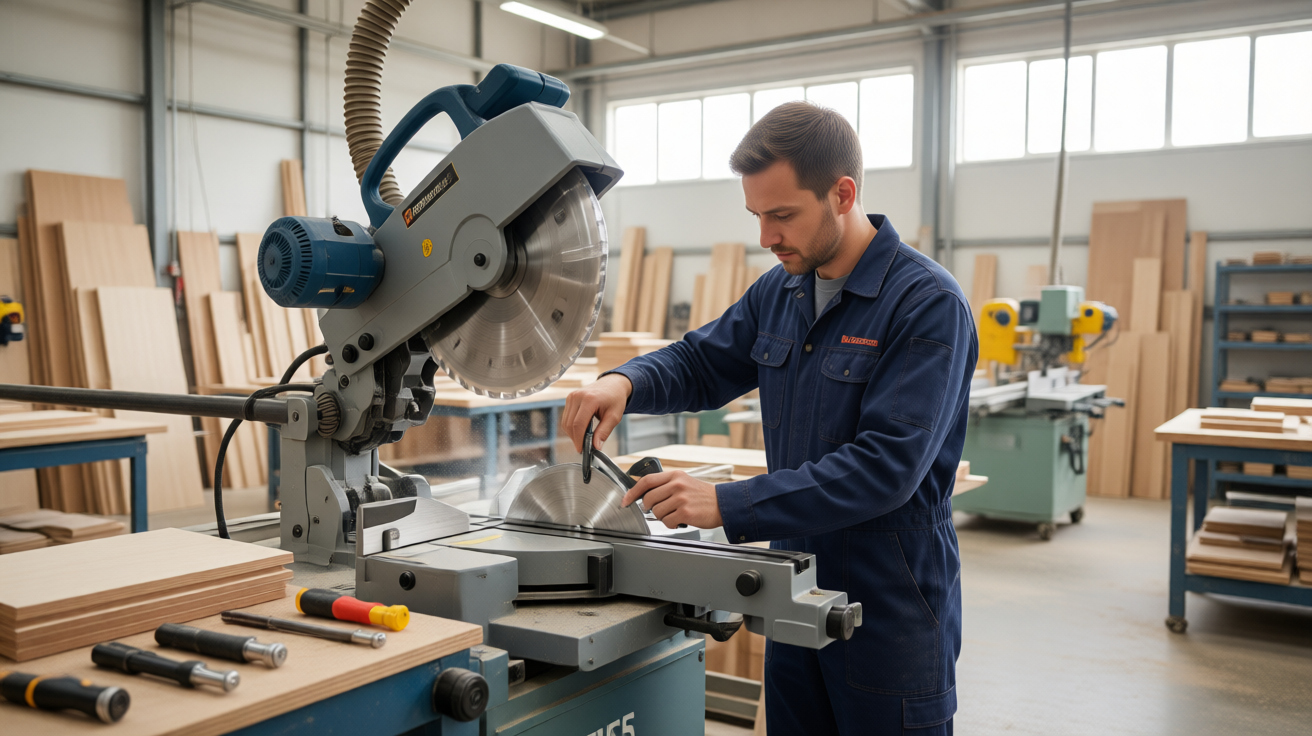 Industrial woodworking machine maintenance inspection in a furniture factory