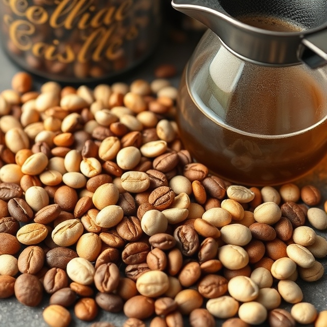 Lightly roasted coffee beans showing pale roast levels and brewing setup