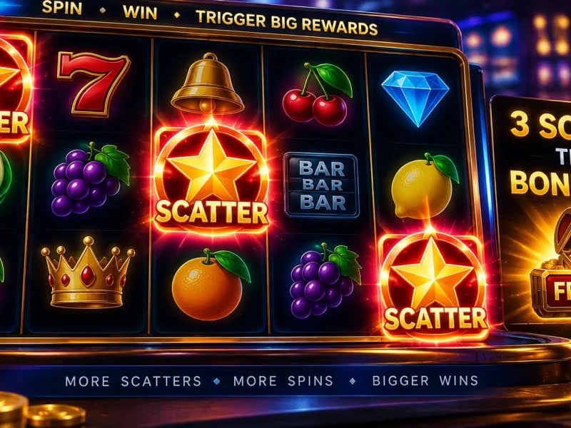 Digital slot interface graphic highlighting glowing scatter symbols and bonus triggers
