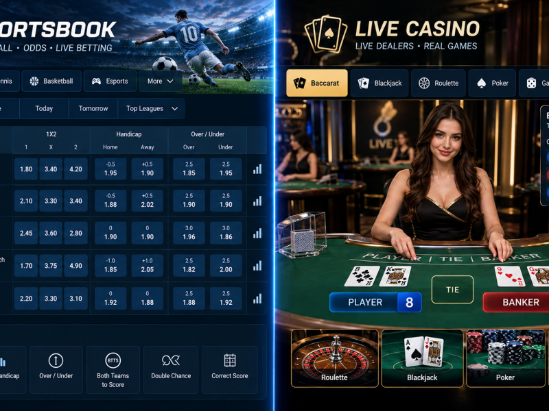 Sportsbook vs live casino comparison showing football markets and a live dealer table