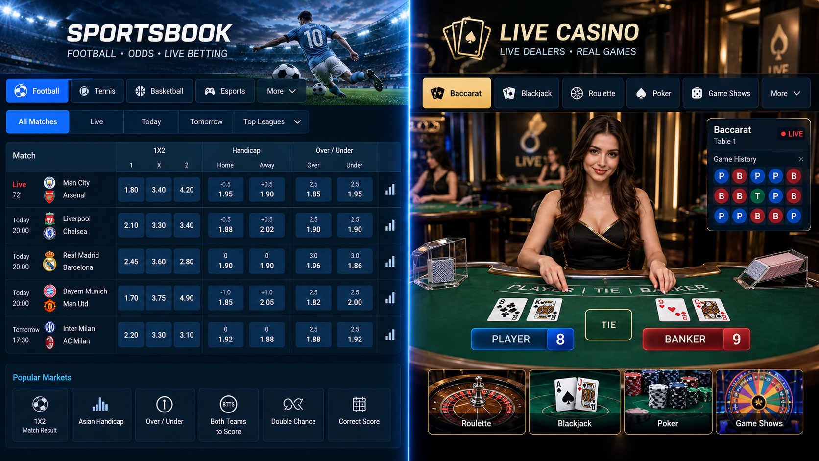 Sportsbook vs live casino comparison showing football markets and a live dealer table