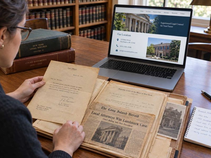 Researcher reviewing historical records and documents to research a law firm's founding history.