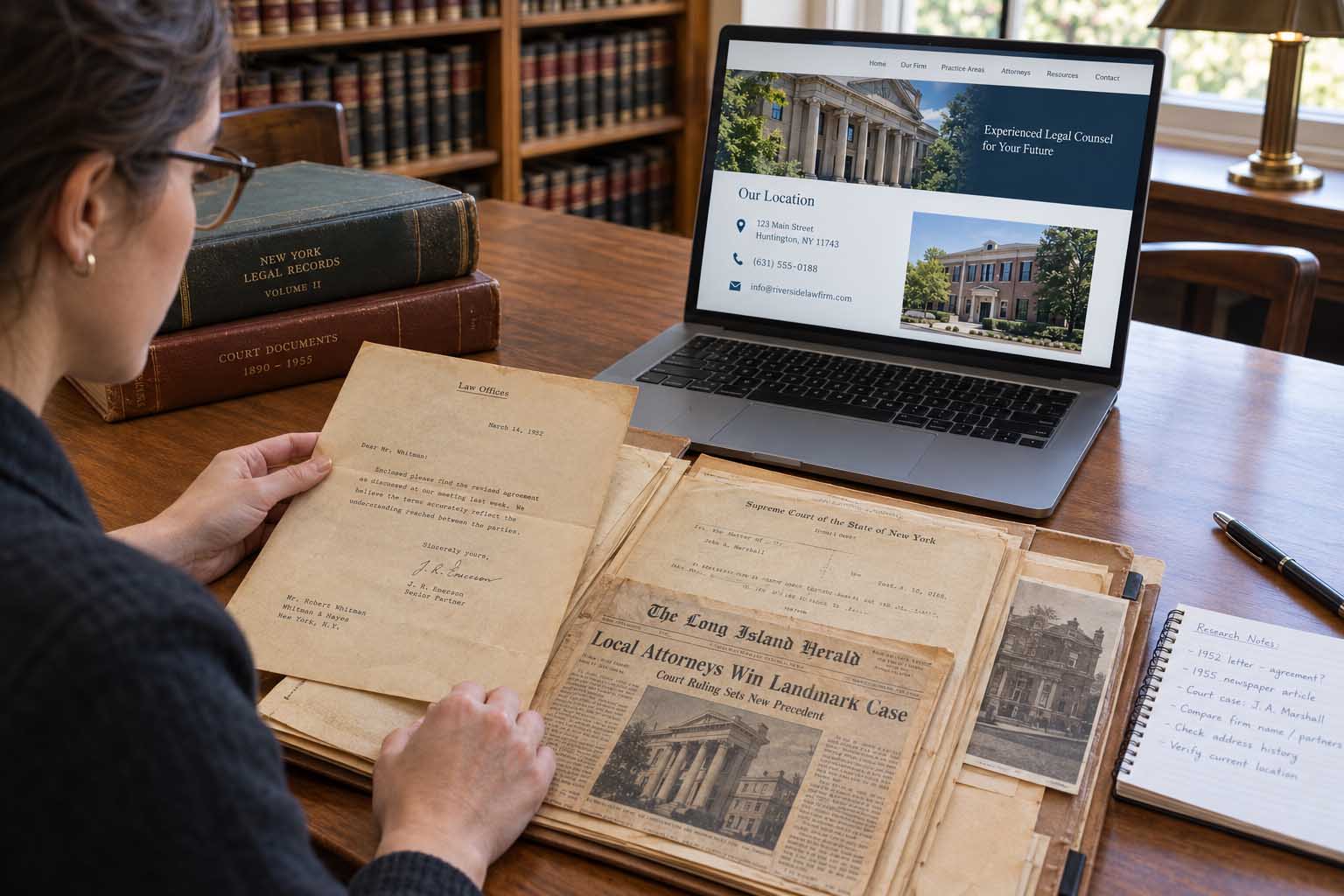 Researcher reviewing historical records and documents to research a law firm's founding history.